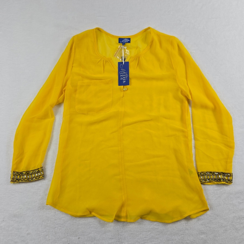 Modern Moda Yellow Beaded Cuff Long Sleeve Blouse NWT Size Large Sheer Button